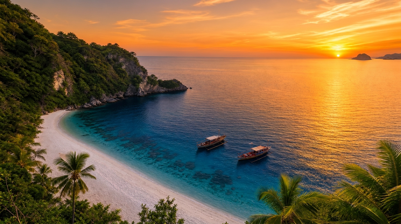 Aerial view of a hidden tropical bay at sunset with local wooden boats